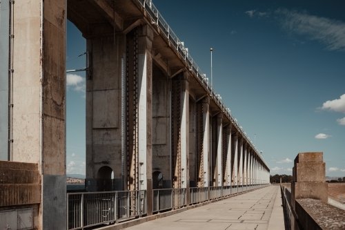 Looking along the Dam Wall at Hume Dam near Albury and Wodonga. - Australian Stock Image