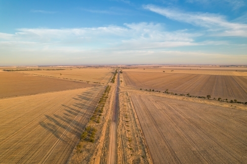 Looking down along a country road through fields in the early morning sunlight - Australian Stock Image