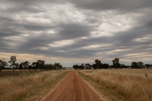 Looking down along the dirt road with the storm clouds approaching.
