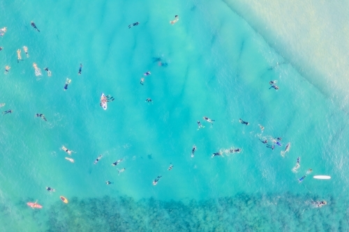 Looking down at multiple divers and swimmers exploring the turquoise underwater world off the Austra