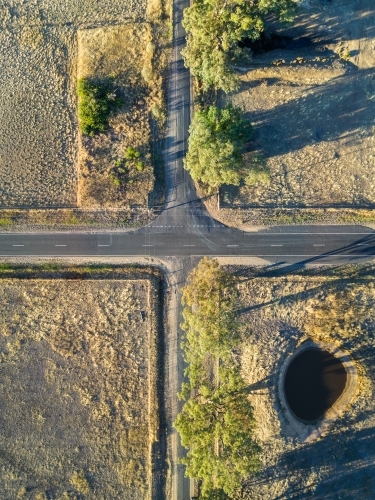 Looking down on an intersection of country roads