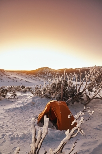 Looking over a mountain vista while snow camping in the Australian Backcountry