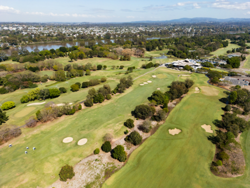 Looking over the Indooroopilly Golf Club grounds with the Brisbane river adjacent - Australian Stock Image