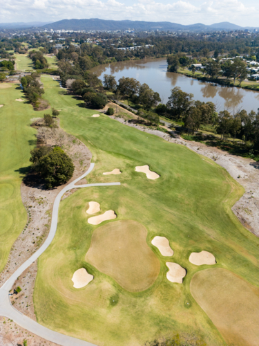 Looking over the Indooroopilly Golf Club grounds with the Brisbane river adjacent - Australian Stock Image
