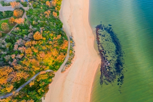 Looking straight down on a beach with coastal trails and a small rocky reef. - Australian Stock Image