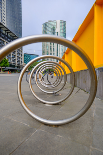 Looking through a Bike Rack in Melbourne - Australian Stock Image
