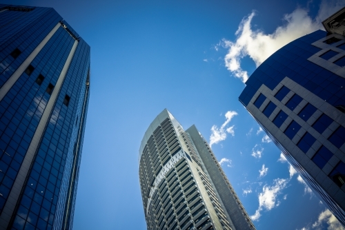 Looking up at Sydney city skyscrapers