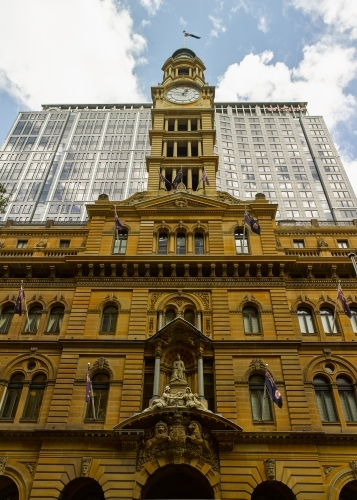 Low angle shot of the Fullerton Hotel in Sydney - Australian Stock Image