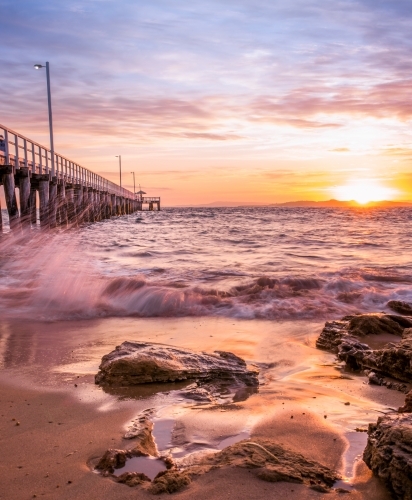 Low angle view of jetty at Point Lonsdale in sunrise light