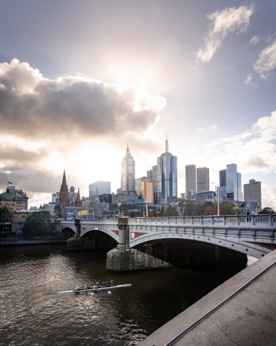 Low Winter Sun above the City of Melbourne - Australian Stock Image
