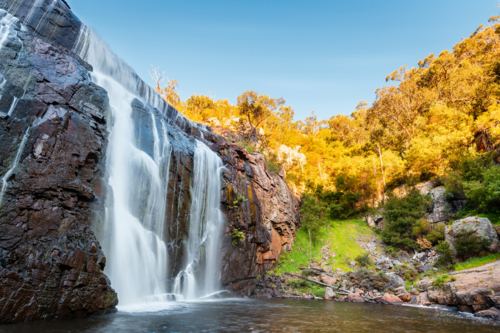 MacKenzie Waterfall cascading down the cliffs in Grampians on a day, River Gorge, Victoria - Australian Stock Image