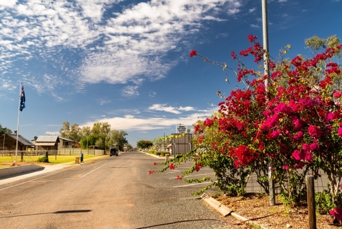 Main Street of a remote country town with cerise bougainvillea in foreground and blue sky with cloud - Australian Stock Image