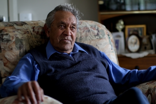 Male Aboriginal elder sitting in an armchair in his home - Australian Stock Image