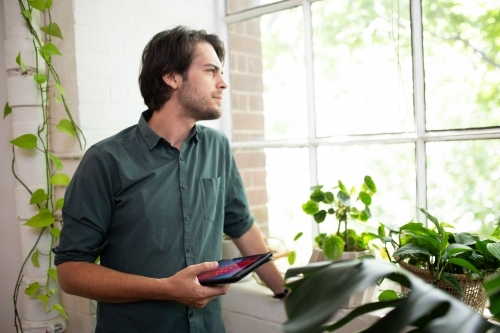 Male in creative industry looking through paned glass windows - Australian Stock Image