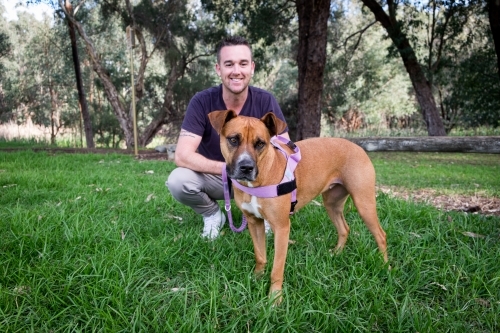 Man sitting behind crossbreed dog smiling at dog in park - Australian Stock Image