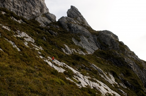 Man standing halfway up a mountain slope