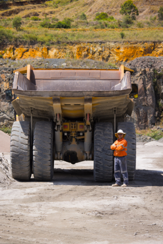 Man with arms crossed standing behind the hauler truck with massive wheels. - Australian Stock Image