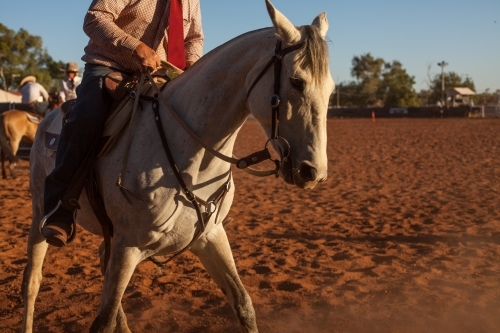 Mans riding horse in outback cattle yard