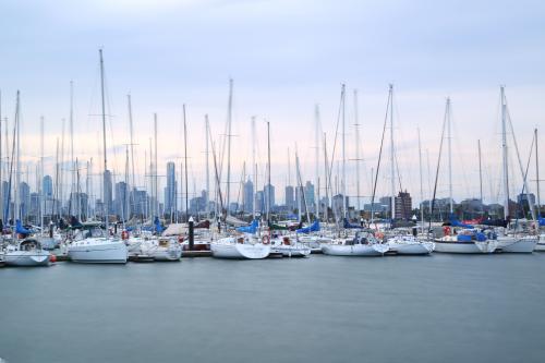 Marina with city in background