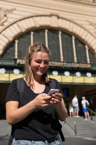 Meeting Friends Outside Flinders Street Station - Australian Stock Image