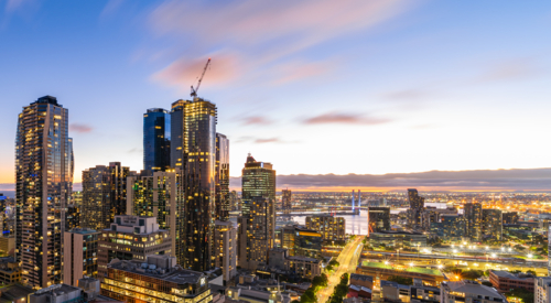 Melbourne, Australia city skyline and skyscrapers at dusk or sunset - Australian Stock Image
