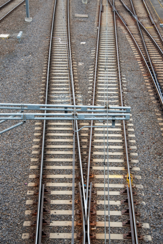 Merging train tracks as seen from above - Australian Stock Image