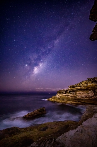 Milky Way stars shining over Eastern Sydney  coastline - Australian Stock Image