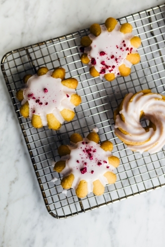Mini iced bundt cakes on baking rack - Australian Stock Image