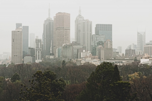 misty city views of melbourne with gardens in the foreground - Australian Stock Image
