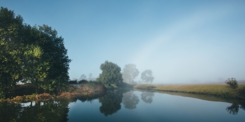 Misty morning beside a river with calm water, reeds and trees - Australian Stock Image