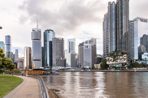 Mix of high-rise residential and commercial towers along the riverbank - Australian Stock Image
