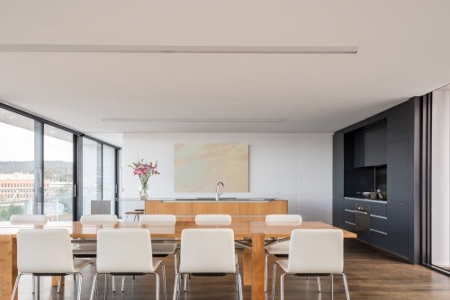 Modern interior of luxury city apartment overlooking Hobart city - Australian Stock Image