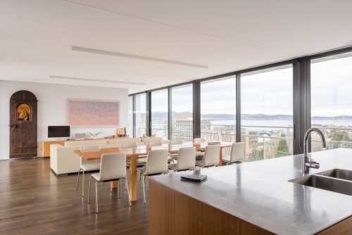 Modern interior of luxury city apartment overlooking Hobart city