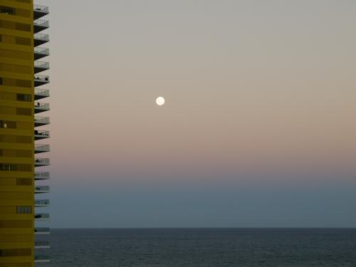 Moon rising over the sea at dusk with tall building on left