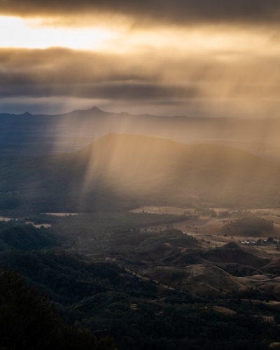 Morning fog in the mountains at sunrise - Australian Stock Image