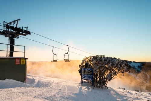 morning light at a ski field, with chairlift - Australian Stock Image