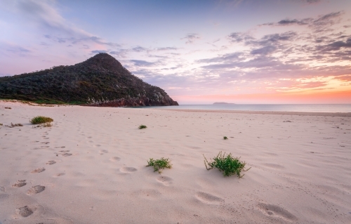 Morning light at Zenith Beach and Mt Tomaree in Port Stephens - Australian Stock Image
