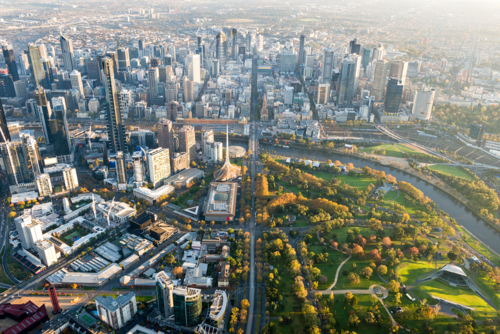 Morning light over Melbourne’s city grid and Yarra River - Australian Stock Image