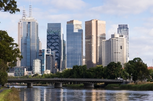 Morning view towards the Melbourne CBD along the Yarra River adjacent to the Royal Botanic Gardens - Australian Stock Image