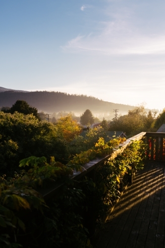 Morning views of mountains and fog in Tassie - Australian Stock Image