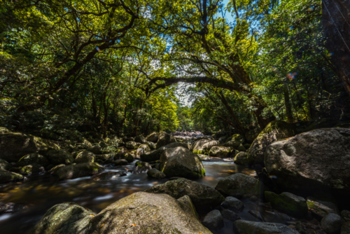 Mossman river flowing amongst the boulders at Mossman Gorge - Australian Stock Image