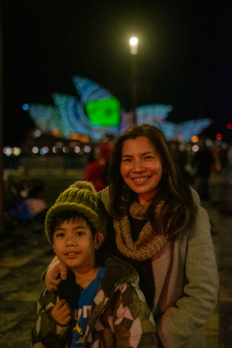 mother and son enjoying the Vivid lights in Sydney - Australian Stock Image