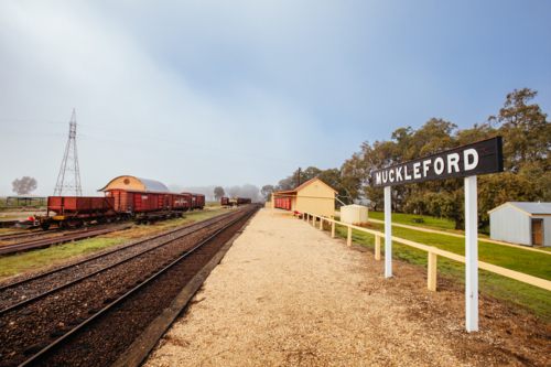 Muckleford train station is deserted early on a winter's morning in Victoria, Australia - Australian Stock Image
