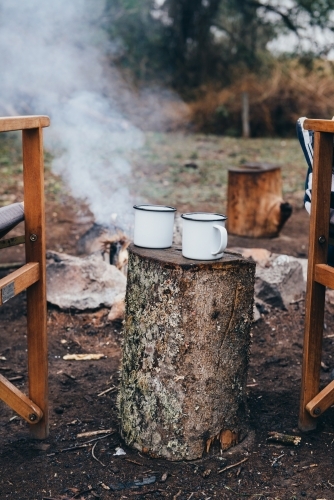 Mugs on tree stump by campfire - Australian Stock Image