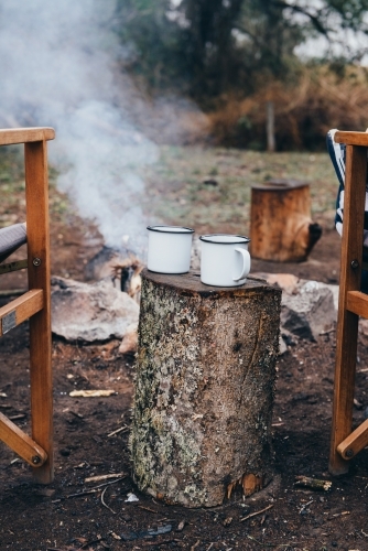 Mugs on tree stump by campfire