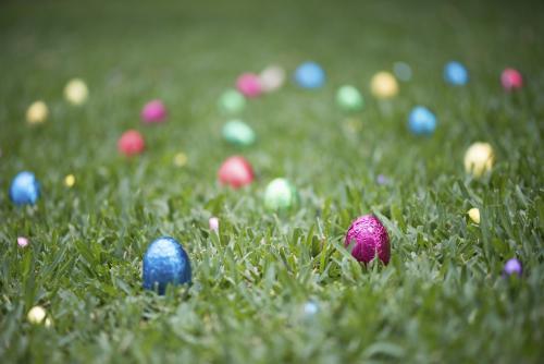 Multicoloured easter eggs in grass - Australian Stock Image