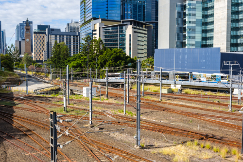 Multiple Railway Tracks with Brisbane CBD in the Background - Australian Stock Image