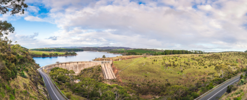 Myponga Reservoir panorama viewed from the lookout during winter season. - Australian Stock Image