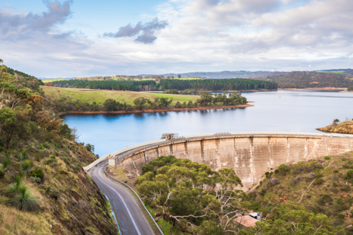 Myponga Reservoir viewed from the lookout during winter season in South Australia - Australian Stock Image