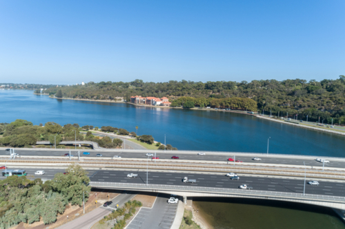 Narrows Bridge And The Swan River Drone Fly Over view - Australian Stock Image